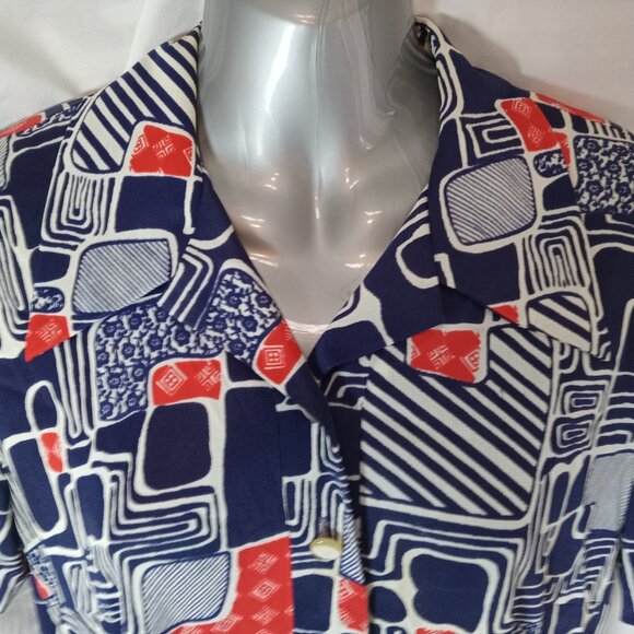 Vintage Blouse Button Down Shirt Women's Sz XL Blue Red White Geometric Retro - Picture 9 of 14